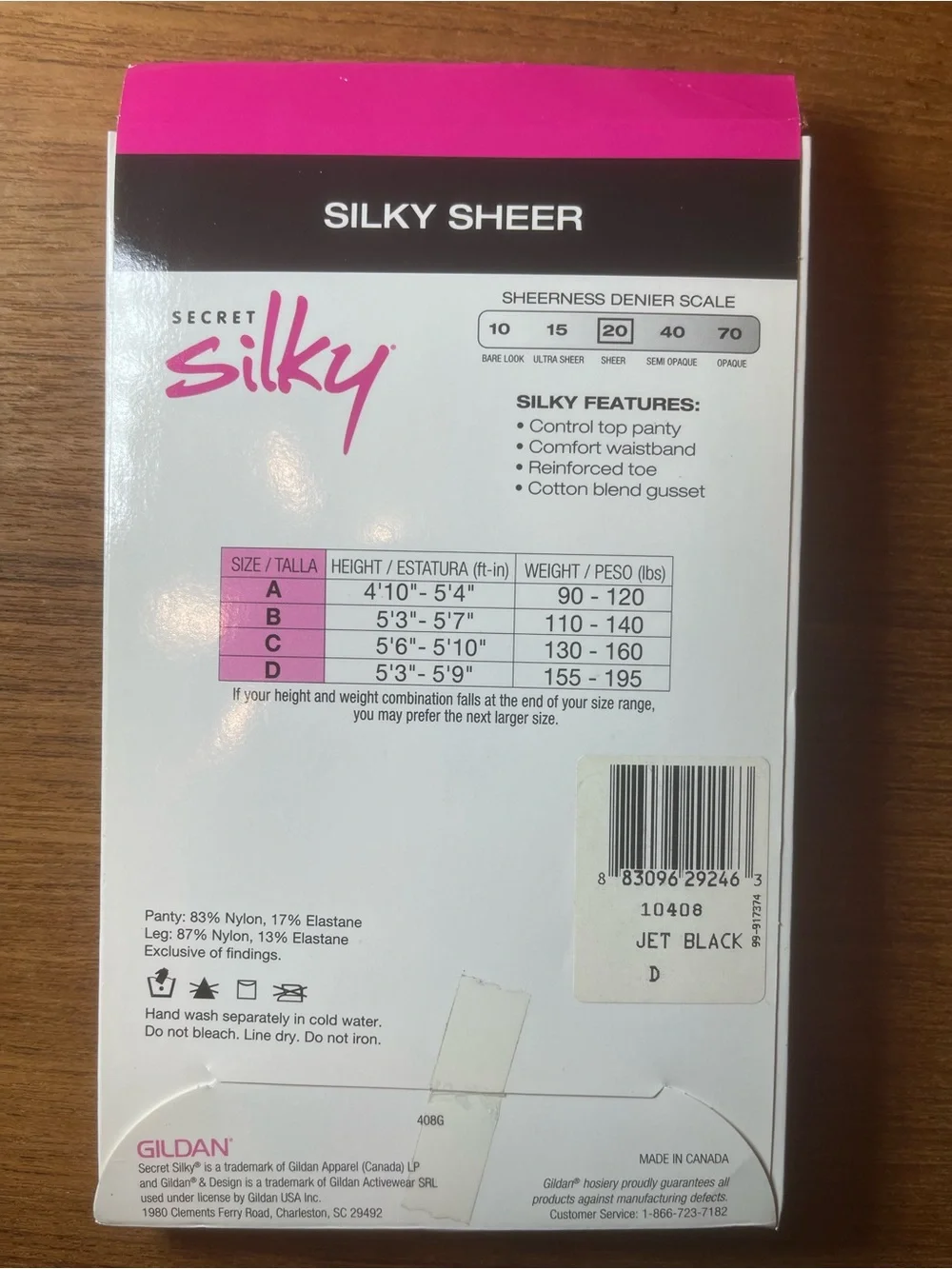 Secret Silky Sheer Control Top Reinforced Toe Pantyhose Jet Black Size D 20 Den